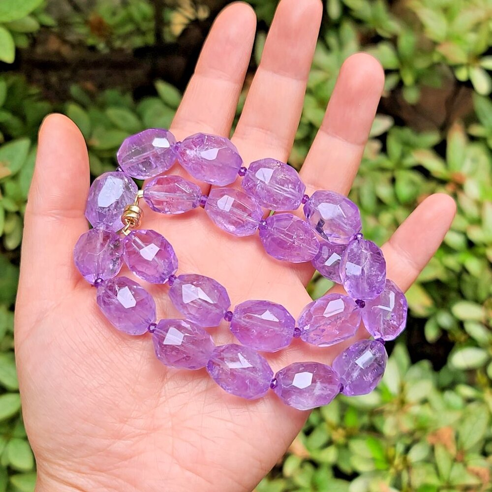 Faceted Amethyst Bead Necklace w 14k Solid Yellow Gold Magnetic Clasp 16” Long